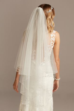 Two Tier Fingertip Veil with Beaded Edge in White | David's Bridal Two Tier Fingertip Veil with Beaded Edge | David's Bridal