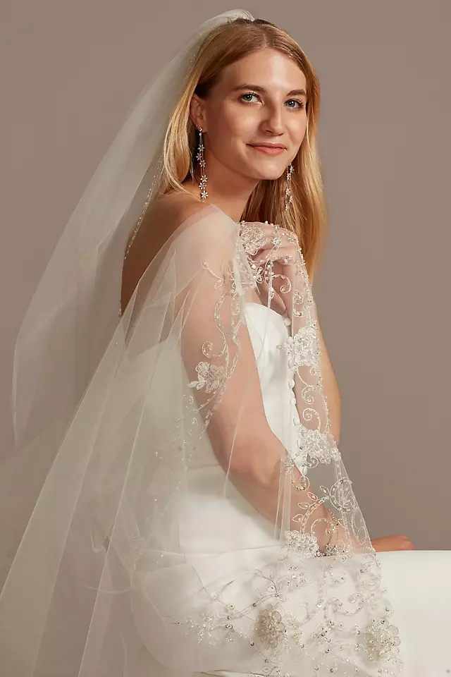 Chapel Length Veil with Embroidered Beaded Scrolls Image 4