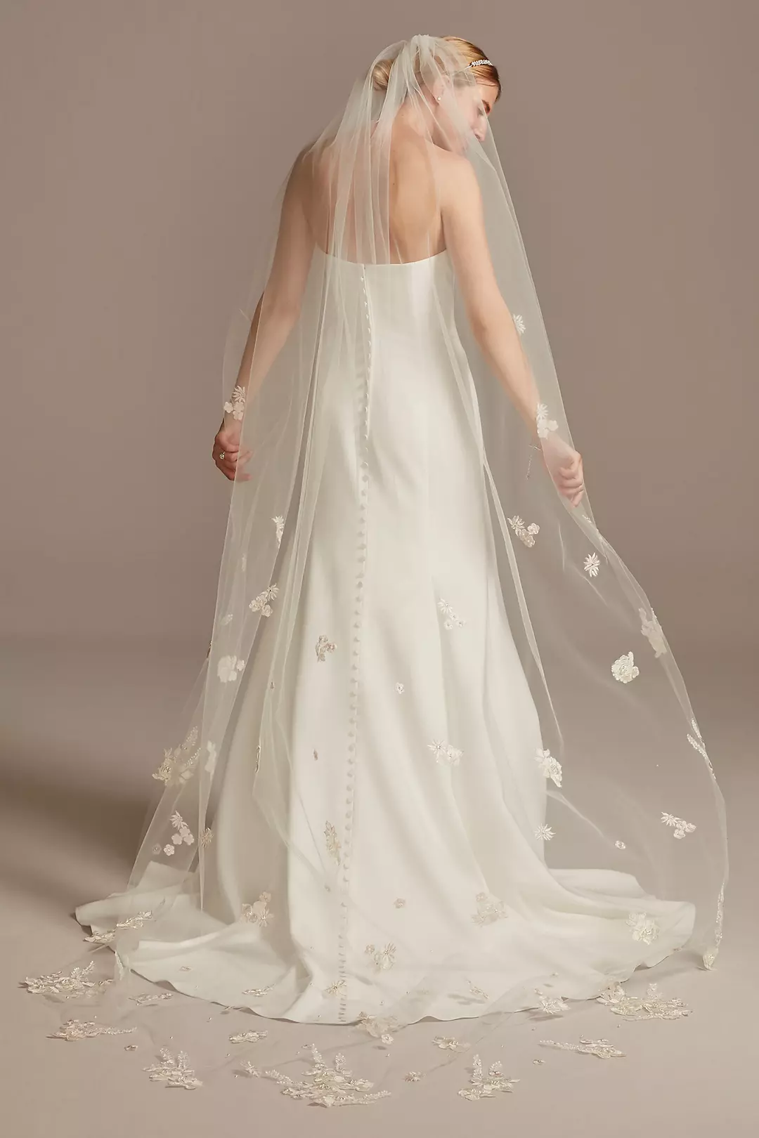 Scattered Embroidered Florals Chapel Length Tulle | David's Scattered Embroidered Florals Chapel Length Tulle | David's