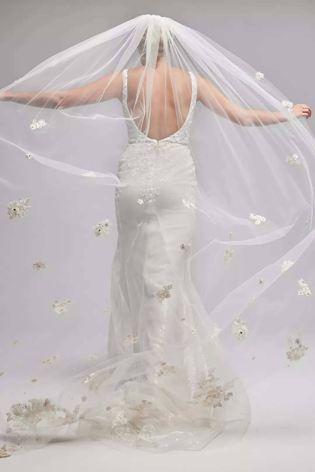 Scattered Embroidered Florals Chapel Length Tulle | David's Scattered Embroidered Florals Chapel Length Tulle | David's