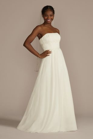 Soft Chiffon Wedding Dress with Beaded Lace Detail David's Bridal