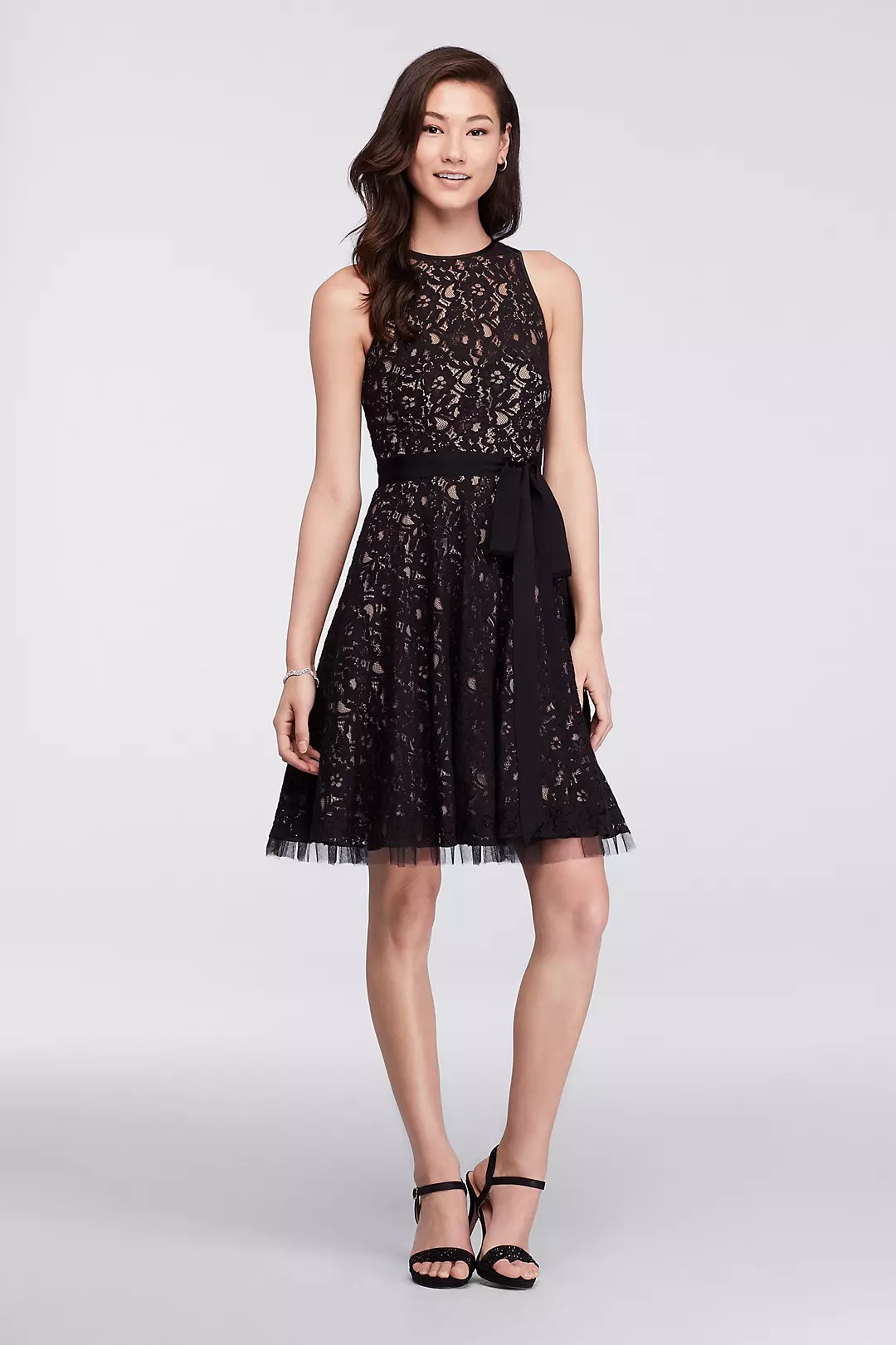 Short Lace Dress with Illusion Neckline and Sash Image