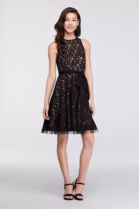 Short Lace Dress with Illusion Neckline and Sash Image 1
