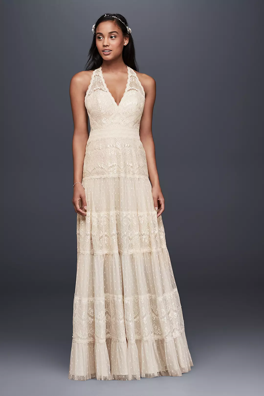 Mixed Lace A-line Halter Dress Image