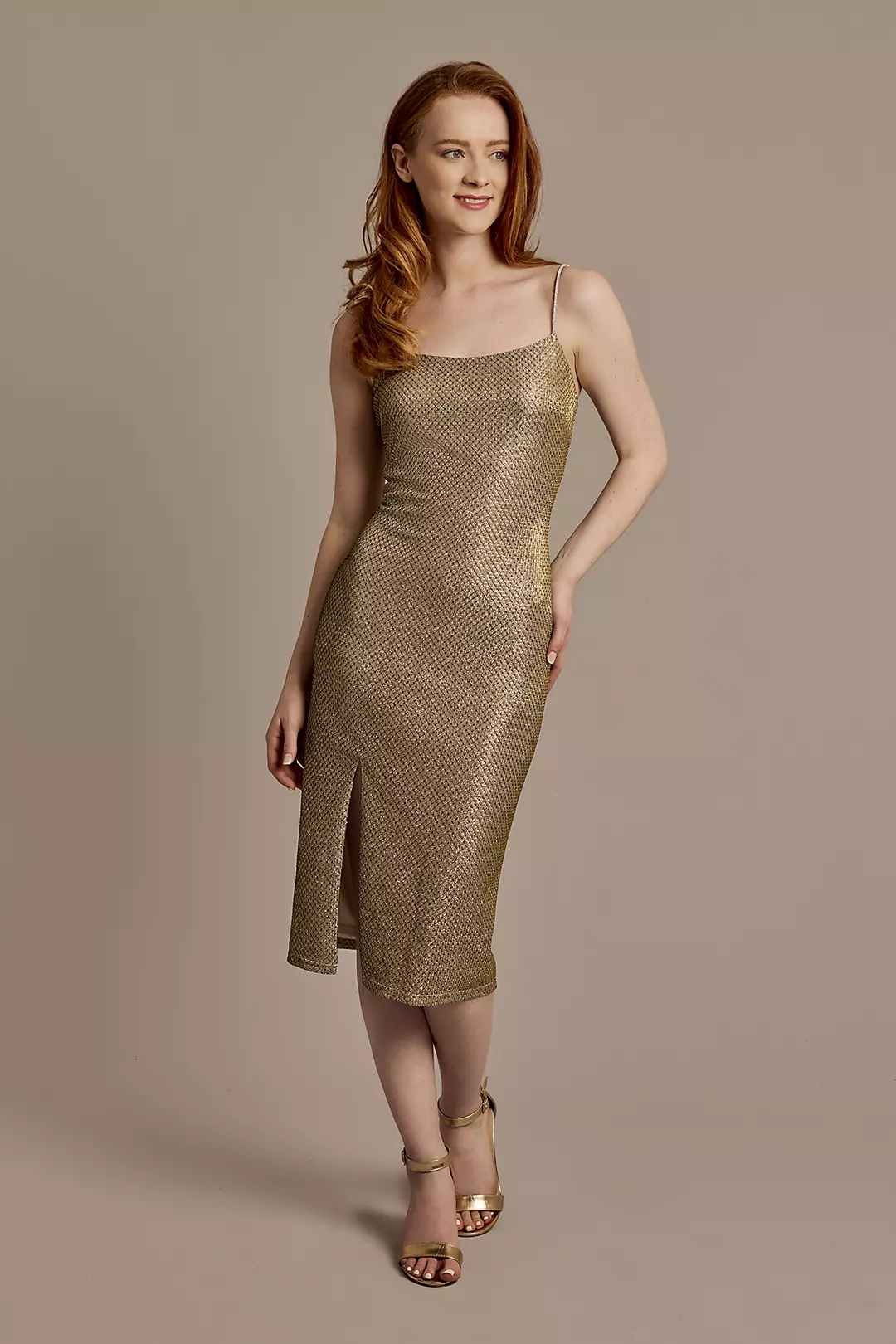 Short Metallic Sheath Dress with Crystal Straps | David's Bridal Short Metallic Sheath Dress with Crystal Straps | David's Bridal