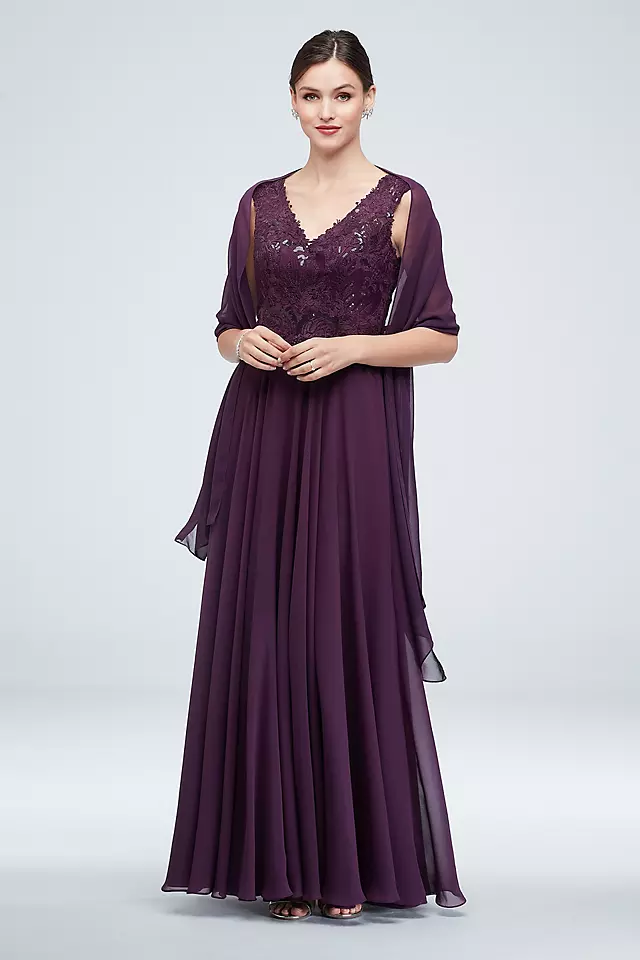 Embellished Bodice V-Neck Gown with Cap Sleeves Image 1