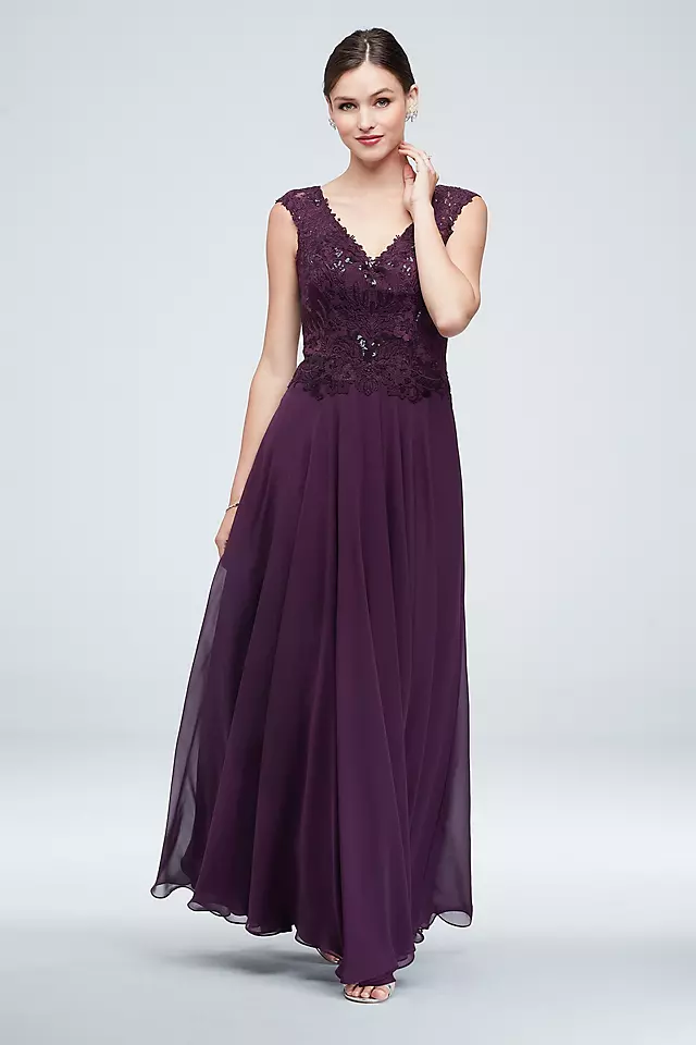 Embellished Bodice V-Neck Gown with Cap Sleeves Image 3