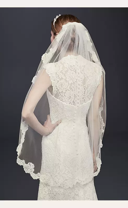 One Tier Veil with Pearl Embellished Alencon Lace Image 1
