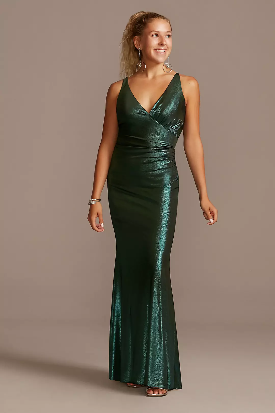 Draped Wrap Front V-Neck Metallic Long Dress Image