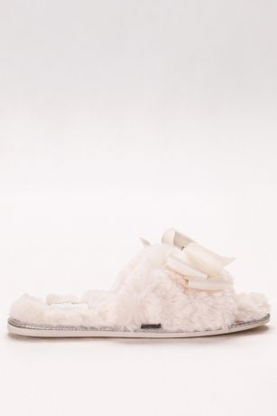 Faux-Fur Slippers with Jeweled Ribbon Bow | David's Bridal