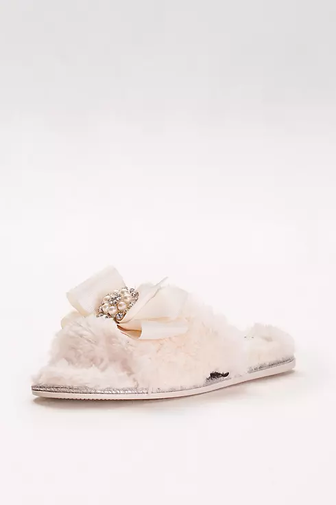 Faux-Fur Slippers with Jeweled Ribbon Bow Image 1