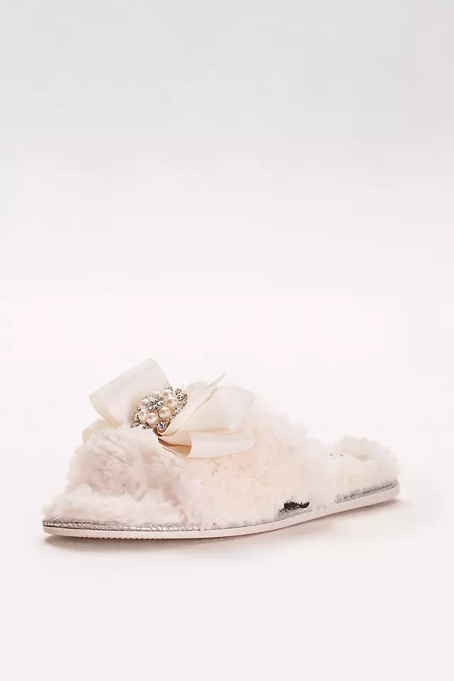 Faux-Fur Slippers with Jeweled Ribbon Bow Image