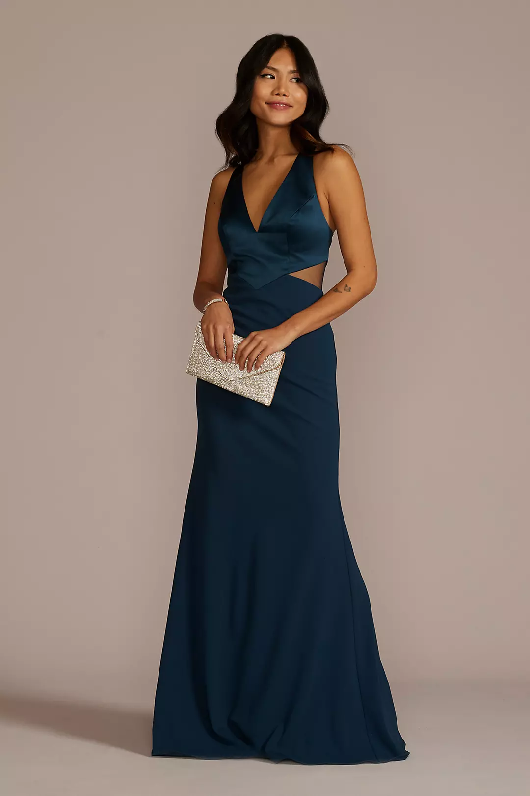 Crepe Sheath Plunge Long Gown with Illusion Cutout Image
