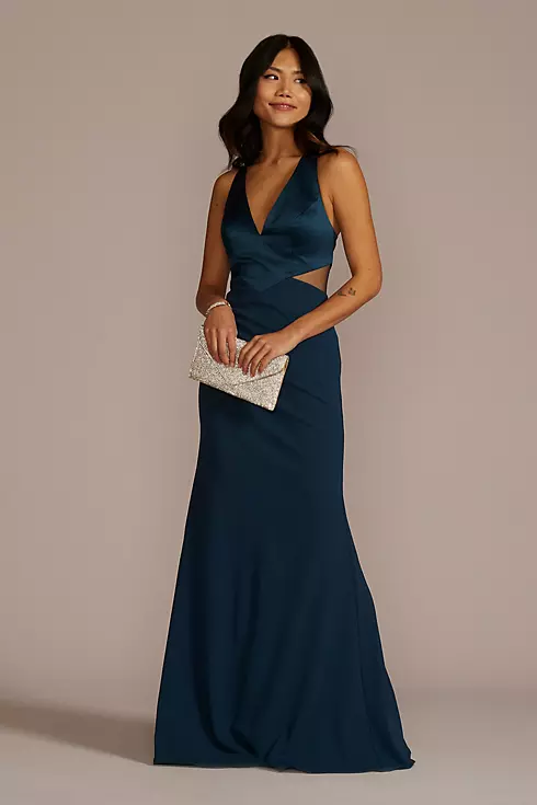 Crepe Sheath Plunge Long Gown with Illusion Cutout Image 1
