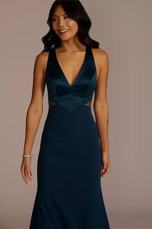 Crepe Sheath Plunge Long Gown with Illusion Cutout Image 3