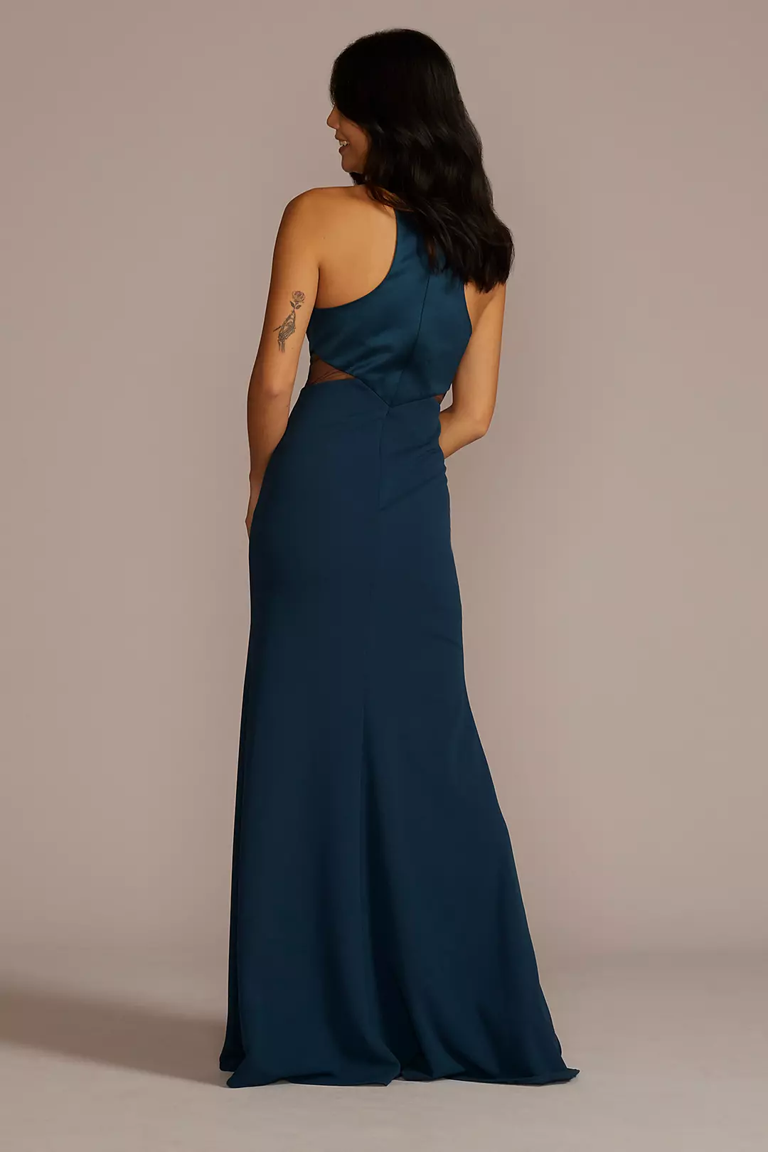 Crepe Sheath Plunge Long Gown with Illusion Cutout Image 2