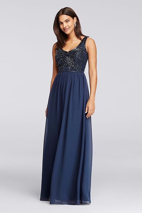 Long Dress with V-Neckline and Beaded Bodice Image
