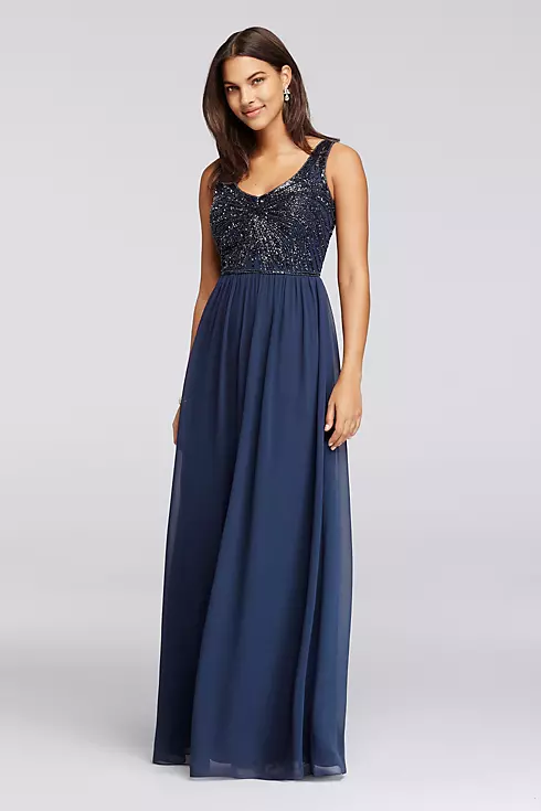 Long Dress with V-Neckline and Beaded Bodice Image 1