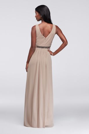 Long Mesh Dress with V-Neck and Beaded Waistband