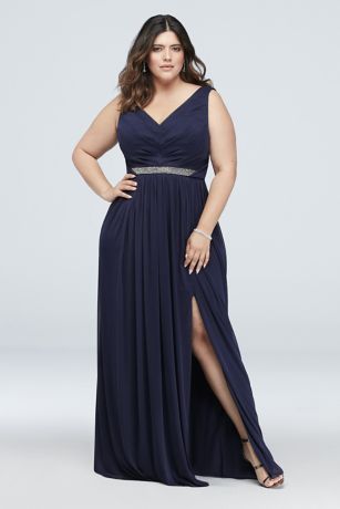 Long Mesh Dress with V-Neck and Beaded Waistband
