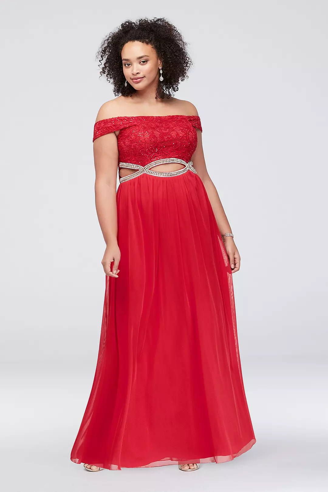 Off the Shoulder Lace Gown with Crystal Cutouts Image