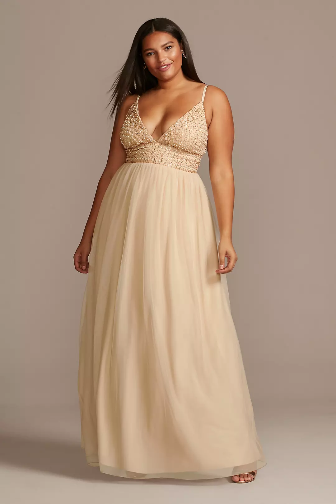 Deep-V Pearl Beaded Bodice Tulle Gown Image