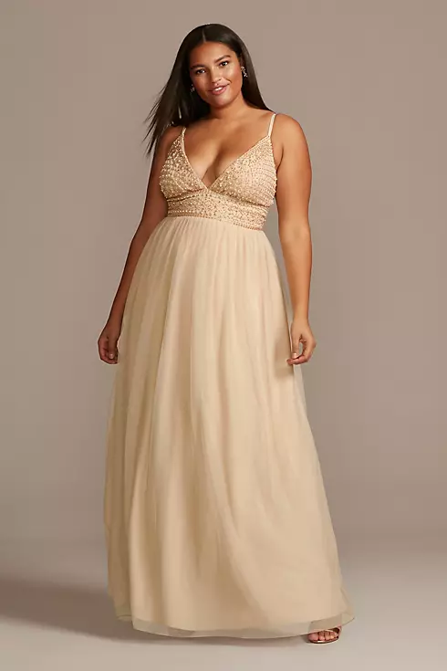 Deep-V Pearl Beaded Bodice Tulle Gown Image 1