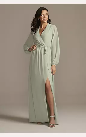 Long Sleeve Chiffon Faux-Wrap Dress Image 1