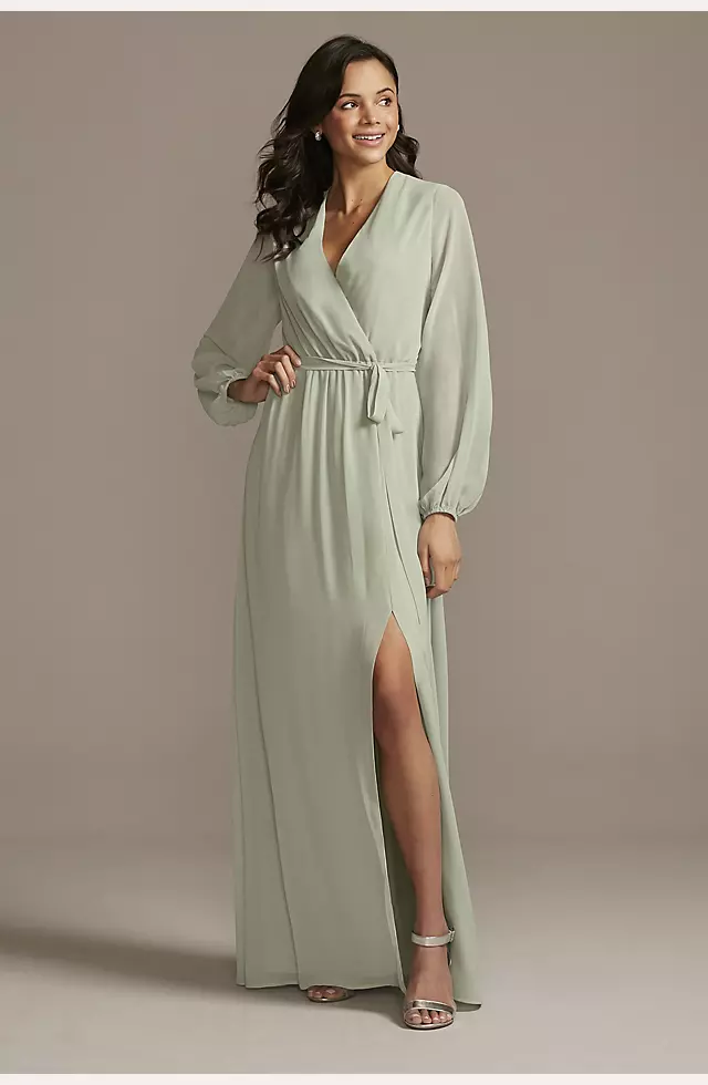 Long Sleeve Chiffon Faux-Wrap Dress Image