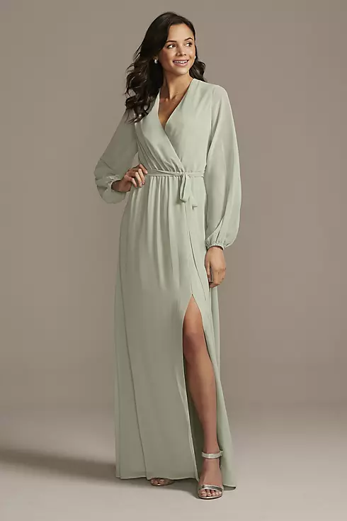 Long Sleeve Chiffon Faux-Wrap Dress Image 1