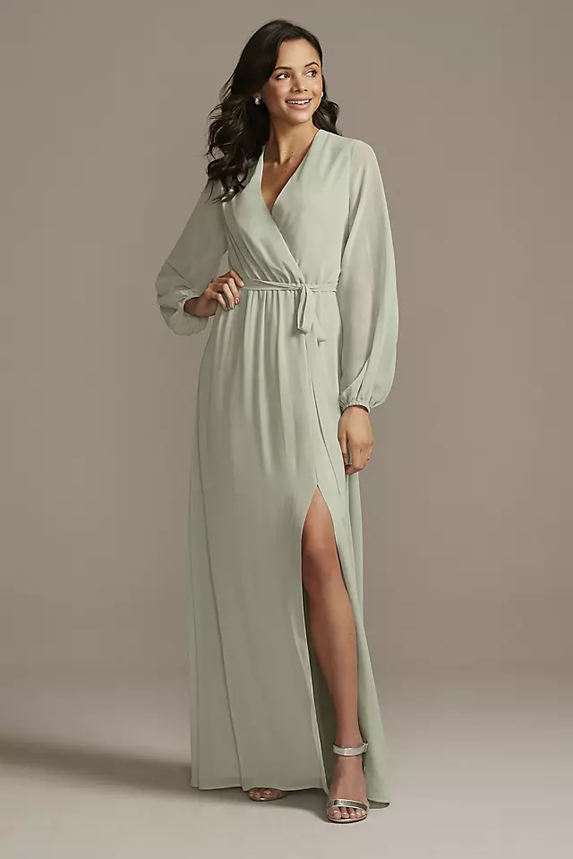 Long Sleeve Chiffon Faux-Wrap Dress Image