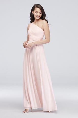 spaghetti strap ruched waist mesh bridesmaid dress