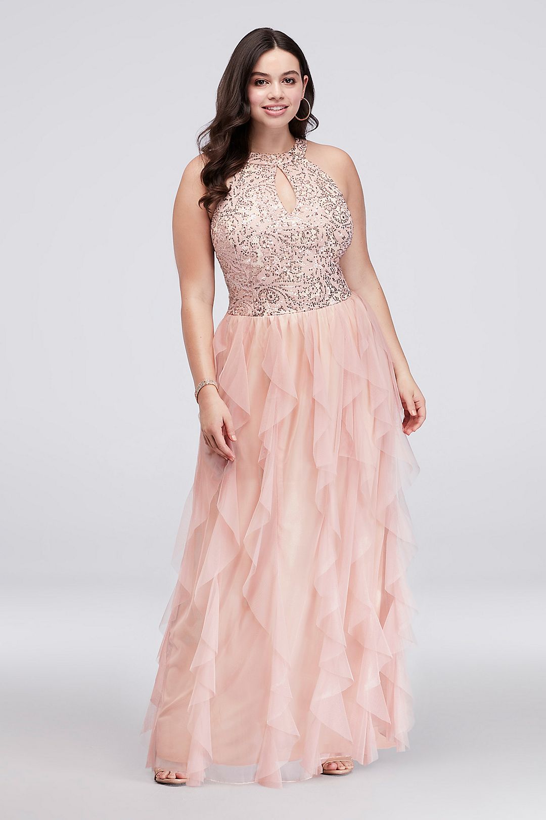 Round-Neck Sequin Halter Gown with Ruffled Skirt Image 1