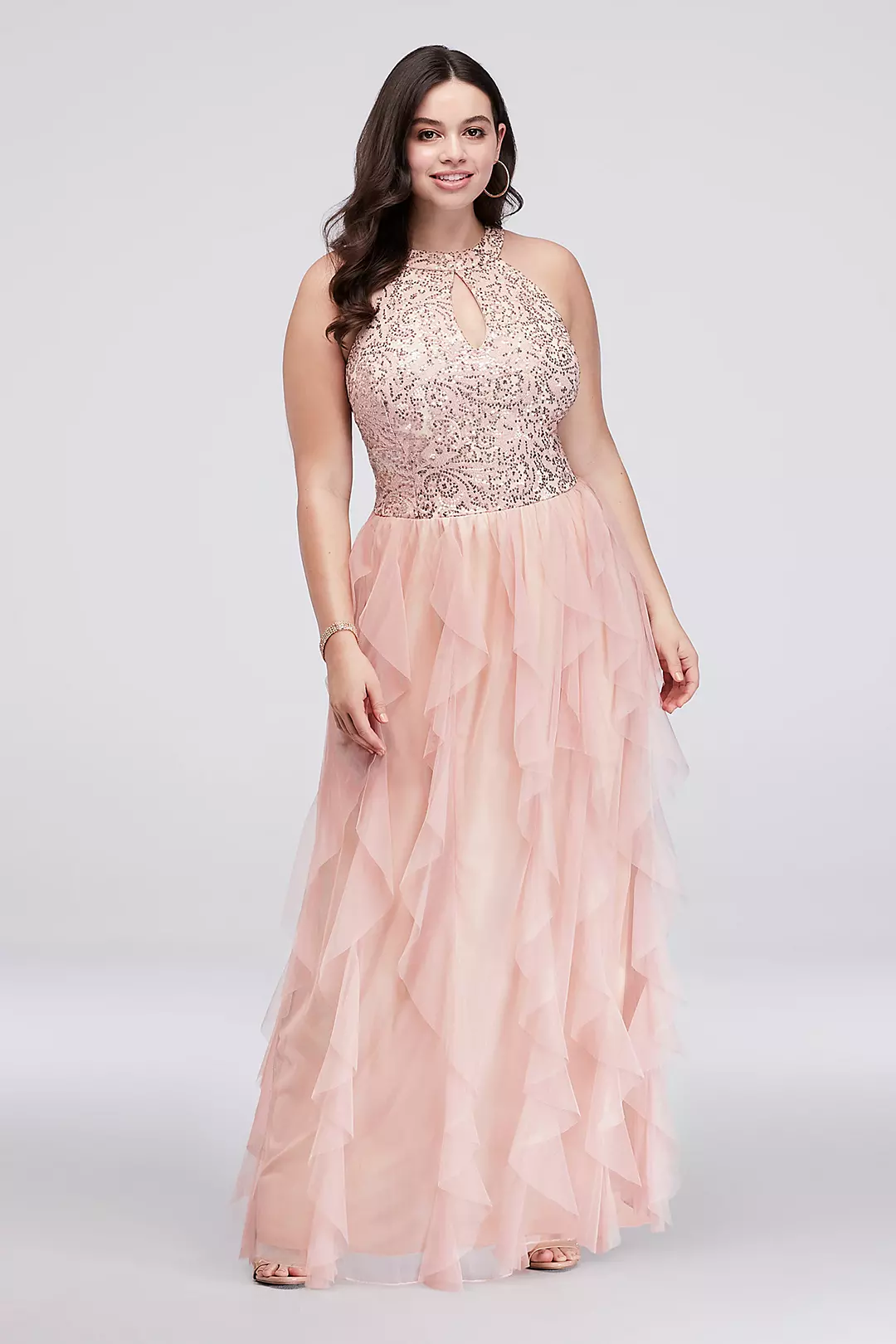 Round-Neck Sequin Halter Gown with Ruffled Skirt Image
