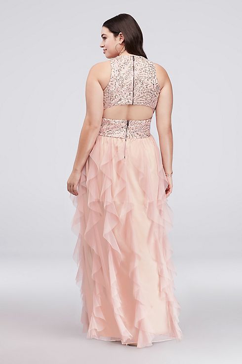 Round-Neck Sequin Halter Gown with Ruffled Skirt Image 2