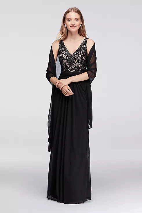 Jeweled Lace and Ruched Mesh V-Neck Long Dress Image 1
