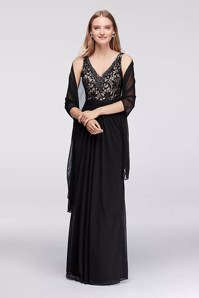 Jeweled Lace and Ruched Mesh V-Neck Long Dress Image