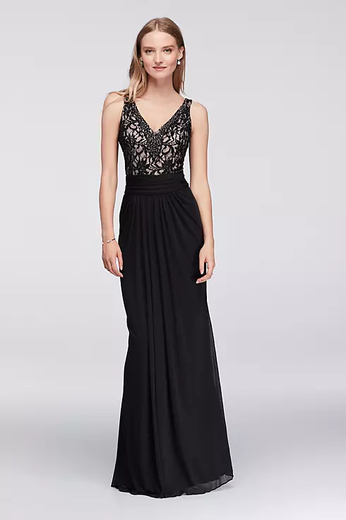 Jeweled Lace and Ruched Mesh V-Neck Long Dress Image 2