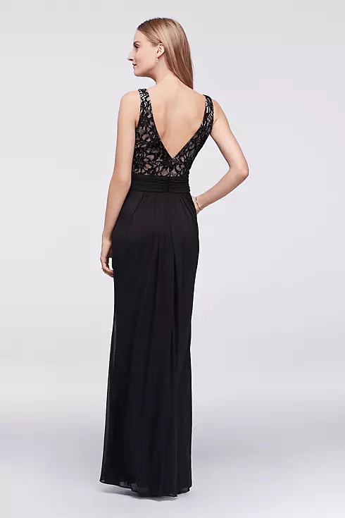 Jeweled Lace and Ruched Mesh V-Neck Long Dress Image 3