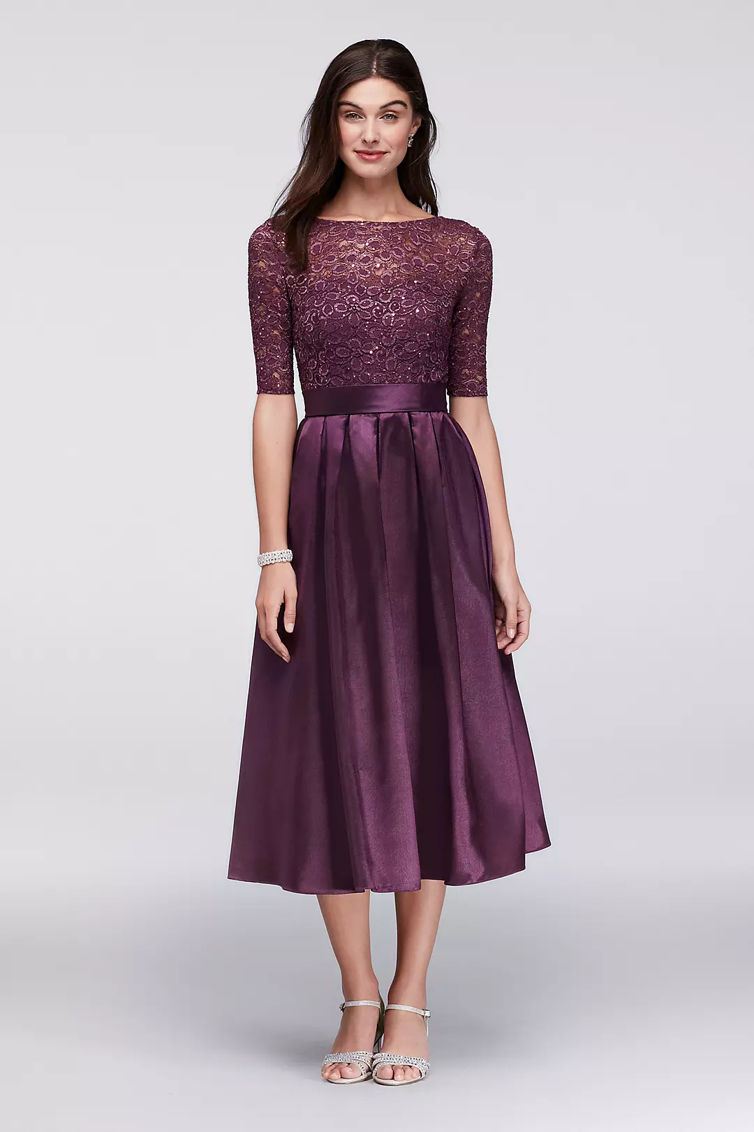 Lace and Satin Elbow-Sleeve Tea Length Dress | David's Bridal