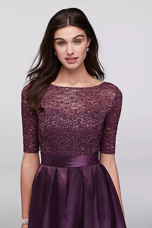 Lace and Satin Elbow-Sleeve Tea Length Dress Image 3