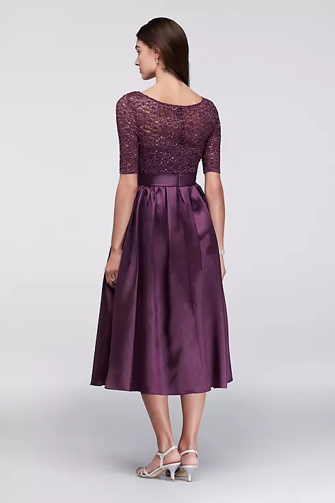 Lace and Satin Elbow-Sleeve Tea Length Dress Image 2