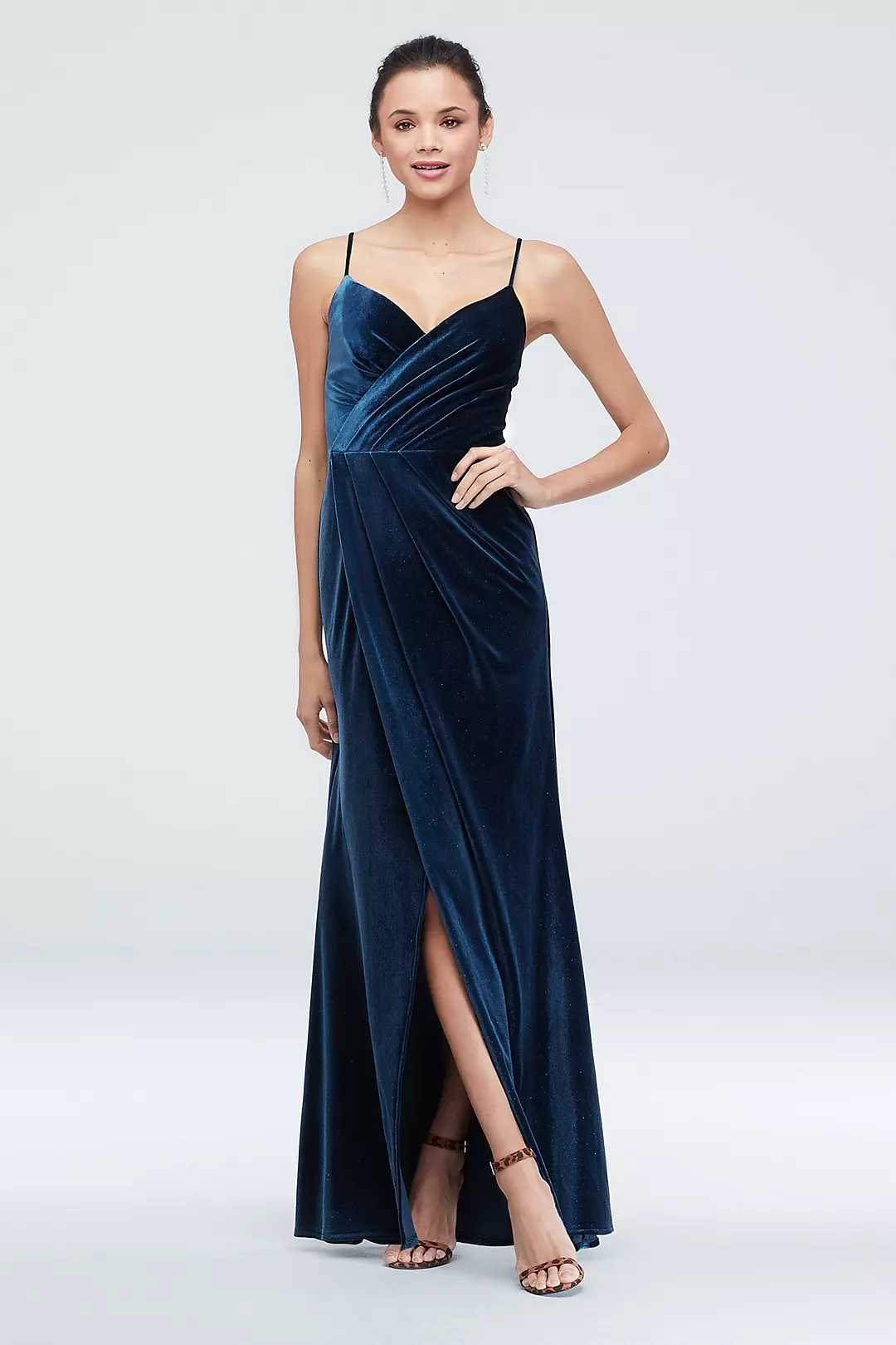 Velvet Faux Wrap Spaghetti Strap Gown with Slit Image