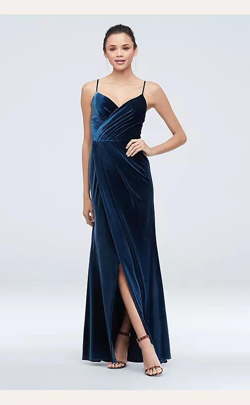 Velvet Faux Wrap Spaghetti Strap Gown with Slit Image 1