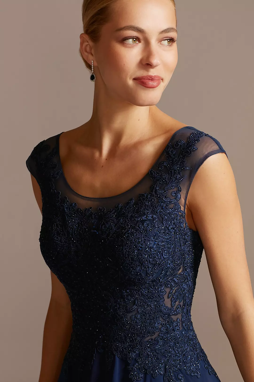 Illusion Cap Sleeve Corded Lace Gown with Crystals Image 3