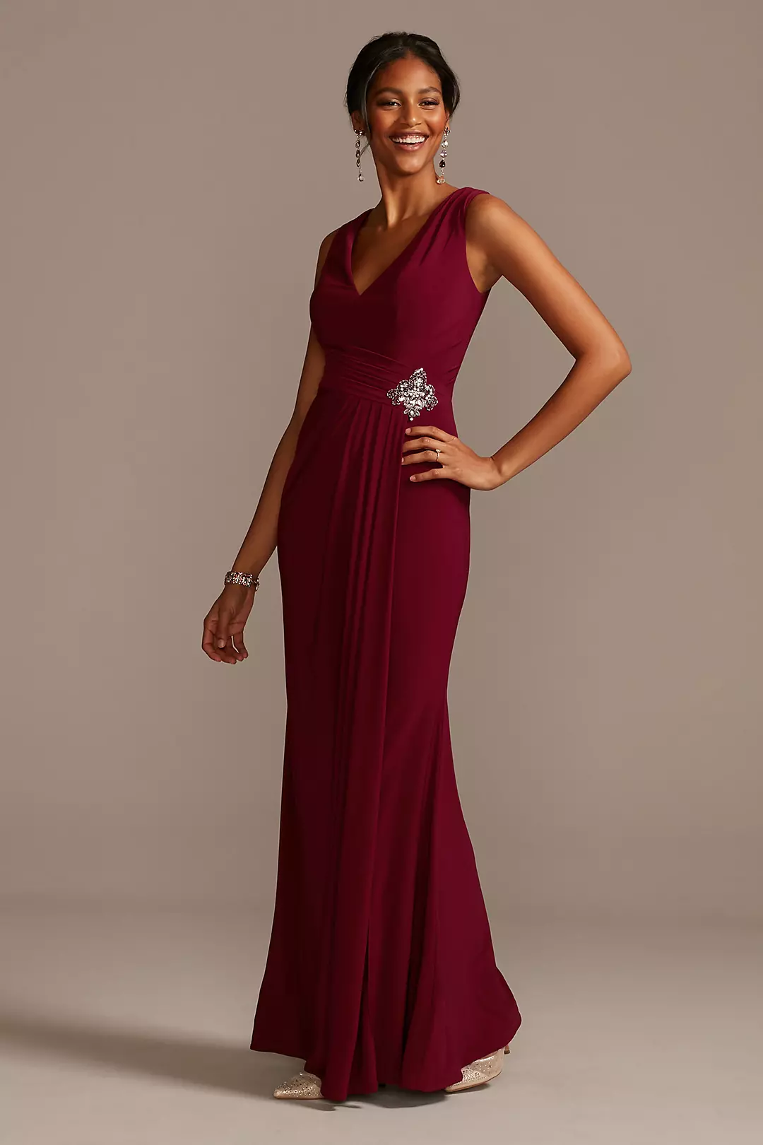 Draped V-Neck Jersey Dress with Crystal Applique Image
