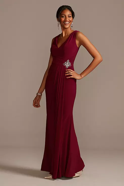 Draped V-Neck Jersey Dress with Crystal Applique Image 1