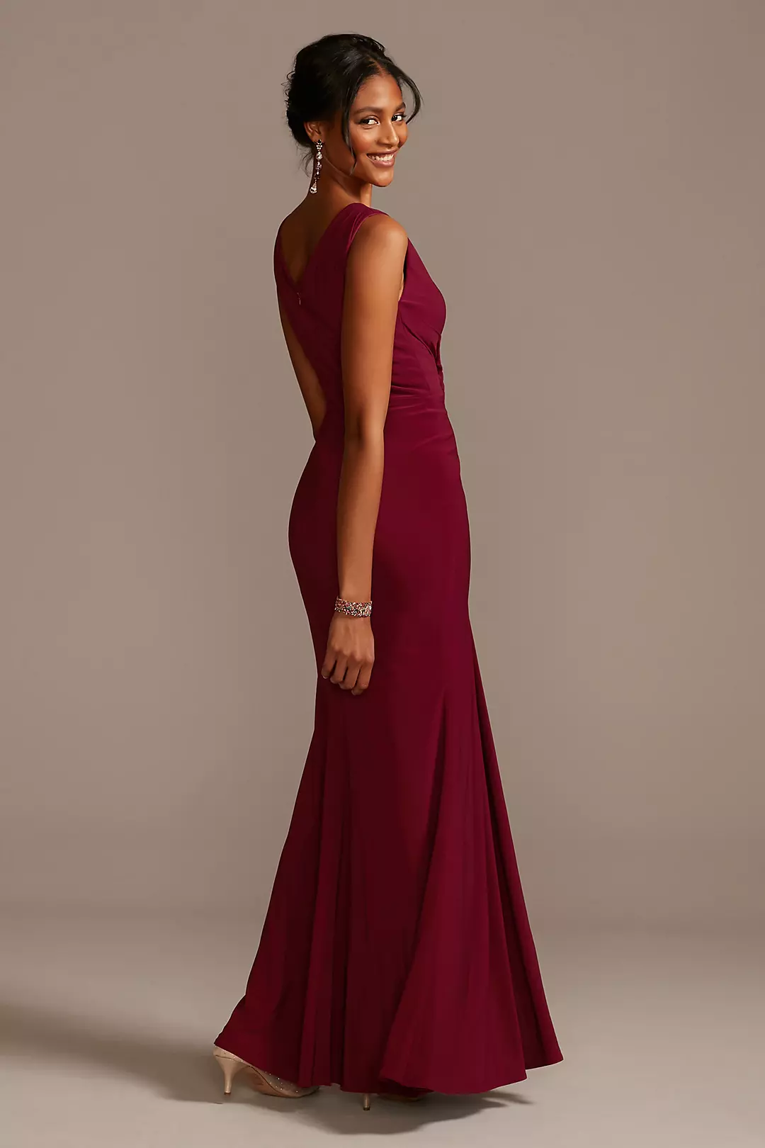 Draped V-Neck Jersey Dress with Crystal Applique Image 2