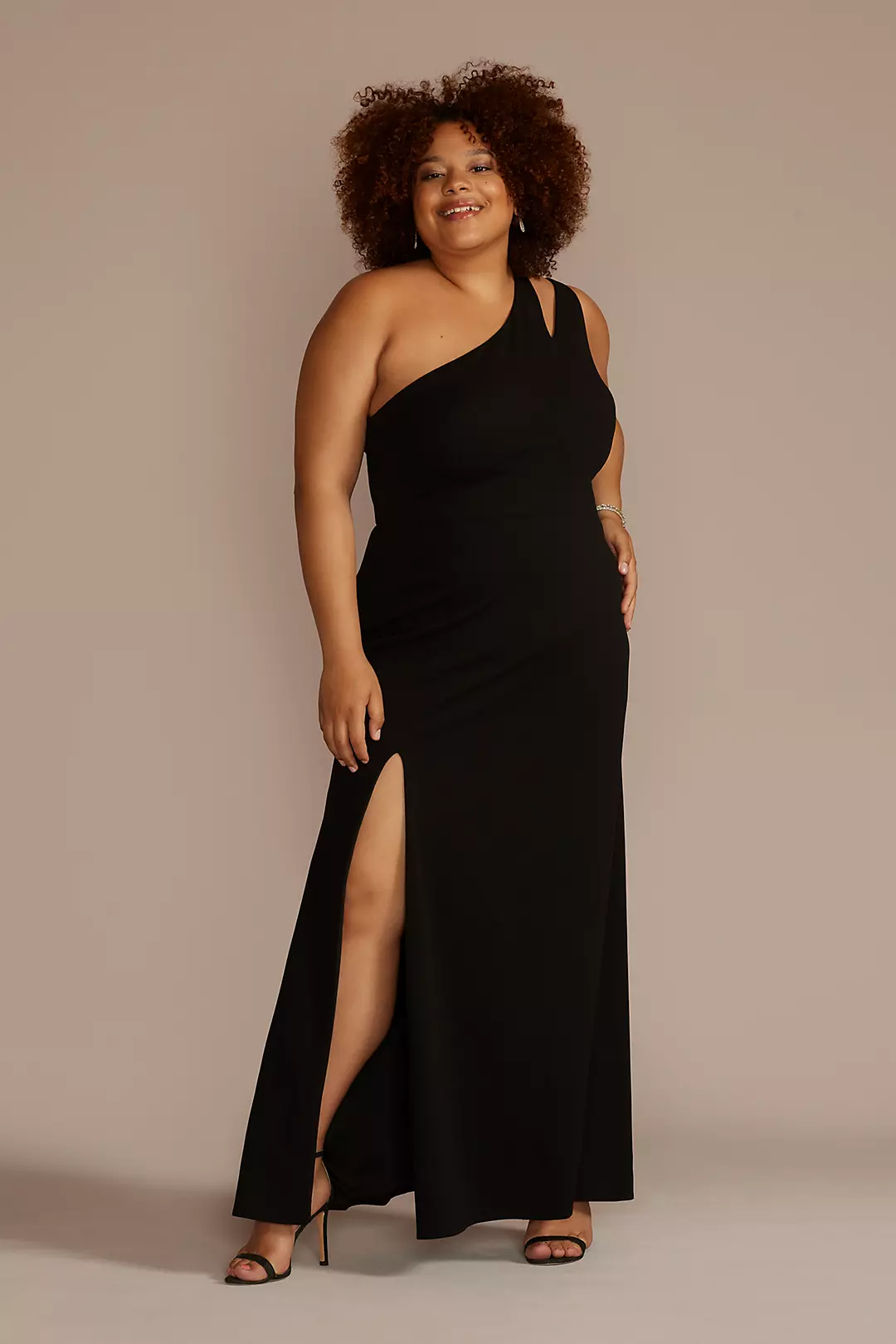 Cutout One-Shoulder Crepe Gown with Skirt Slit | David's Bridal Cutout One-Shoulder Crepe Gown with Skirt Slit | David's Bridal