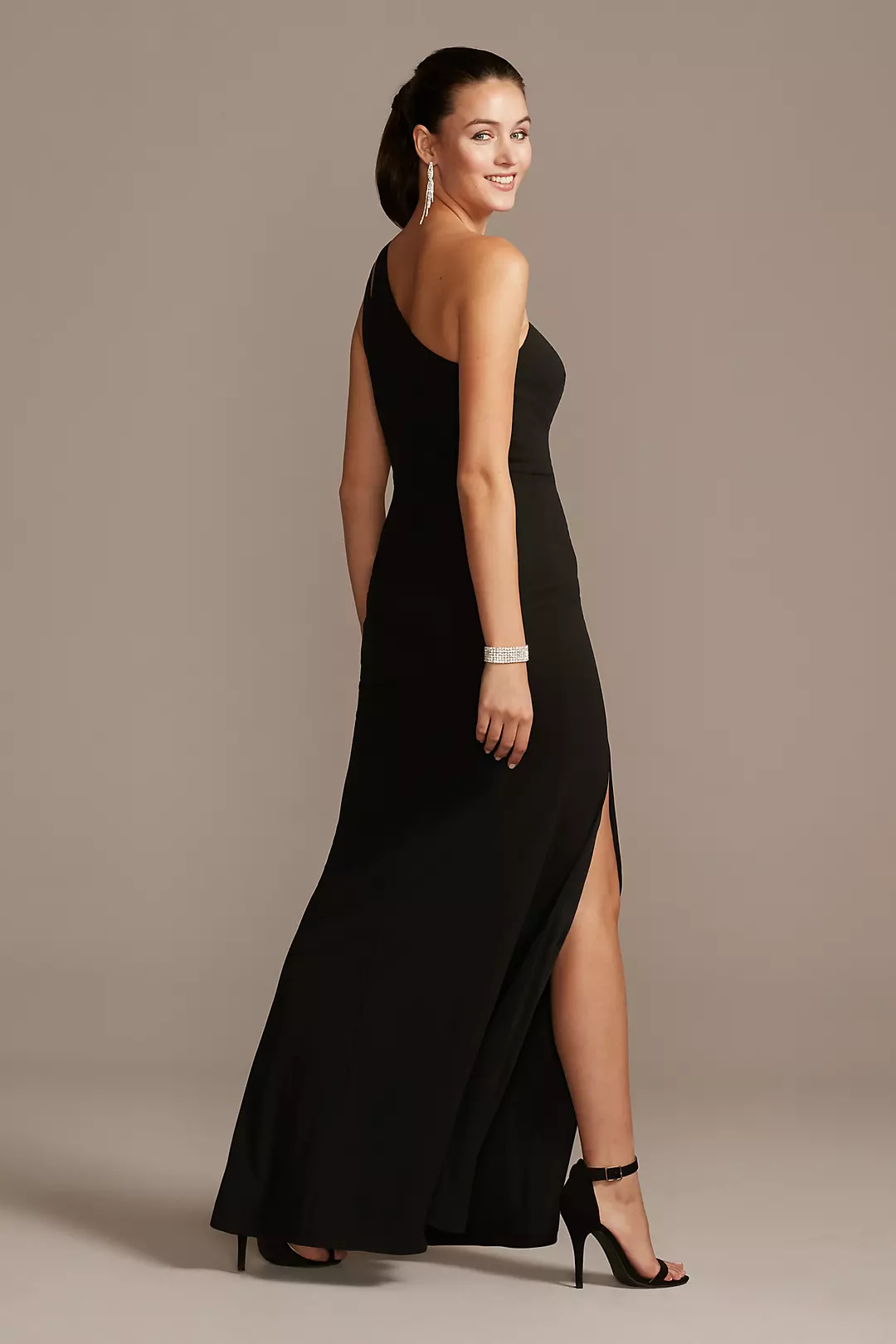 Cutout One-Shoulder Crepe Gown with Skirt Slit